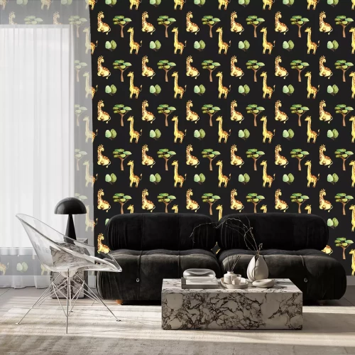 Behang Aquarel giraffen en bomen op een zwarte achtergrond