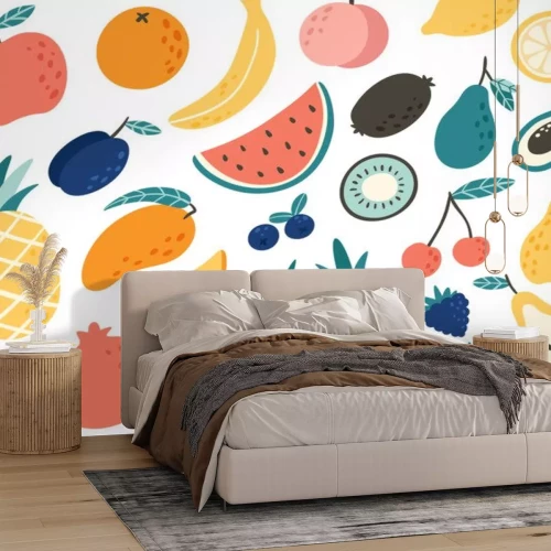 Sticker Doodle fruits. Natural tropical fruit, doodles citrus orange and vitamin lemon. Vegan kitchen apple hand drawn vector illustration