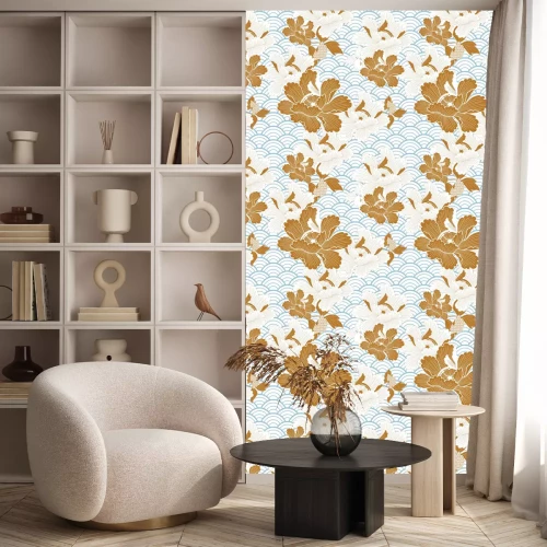 Behang Oosterse Japanse golf en oranje bloemen