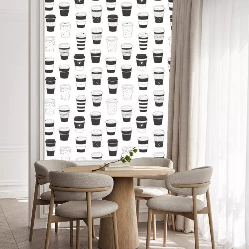 Behang Coffee cup pattern. Vector seamless pattern with various disposable cups of coffee to go. Hand drawn doodle background