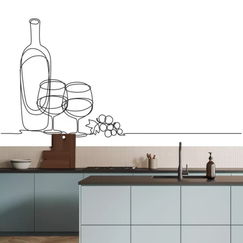 Sticker Wine glasses and bottle of wine. Vector. Continuous line drawing.