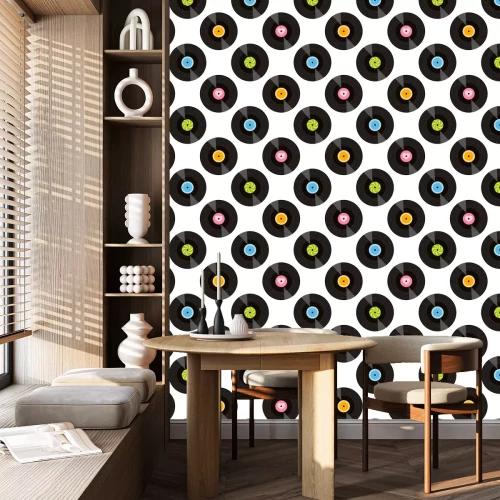 Behang Seamless pattern with vinil recordson white background
