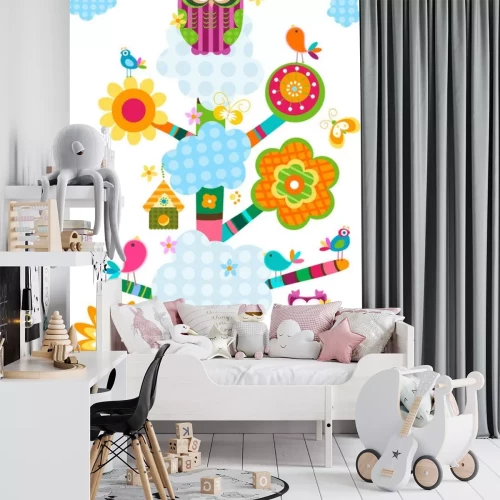 Sticker Vogels op een abstracte regenboogboom