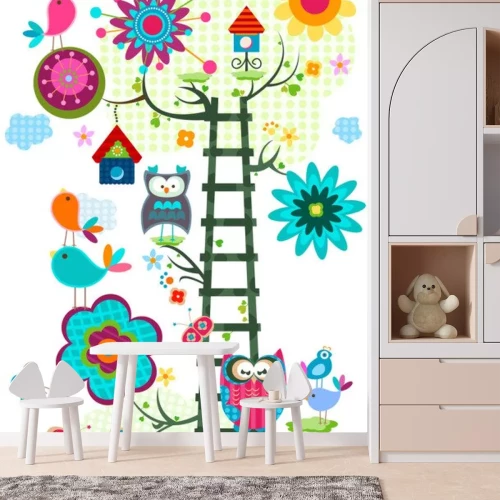 Sticker Abstracte afbeelding met een ladder van vogels en bloemen