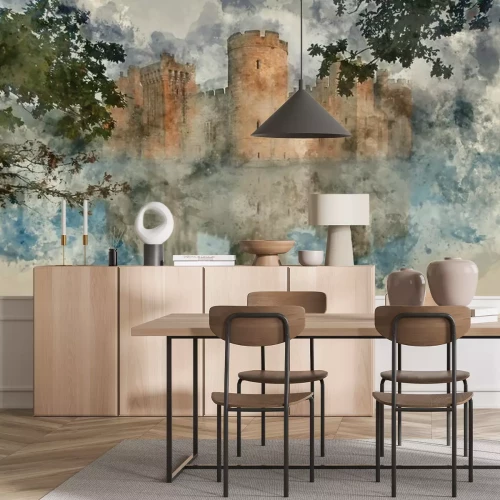 Fotobehang Aquarel van een middeleeuws kasteel