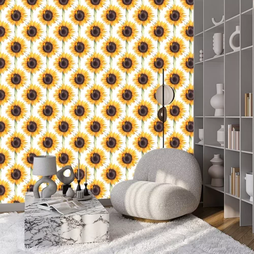 Behang Watercolor botanical illustration of sunflowers.