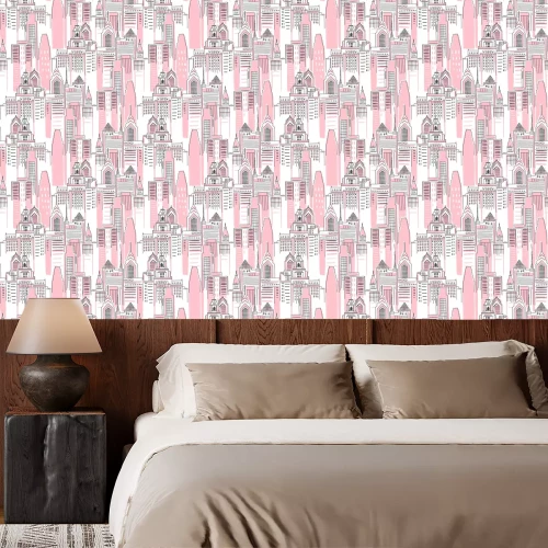 Behang Modern New York city scape in pink colour. Girlish Superhero themed seamless pattern. Vector doodle graphics. Perfect for little girl design like t-shirt textile fabric print birtday party wrapping