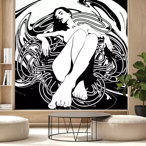 Sticker Vector hand drawn illustration of pretty girl with liquid texture and frame .