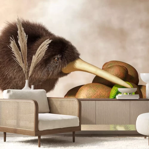 Sticker A Kiwi bird stands next to a pile of kiwifruit.  Both the animal and the fruit are natives of New Zealand. 3D illustration