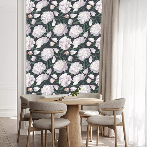 Behang Pioenrozen witte grote bloemen donkere achtergrond