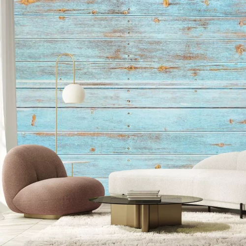 Fotobehang Turquoise gekrast houten dek