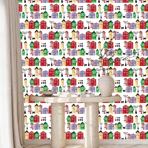 Behang Seamless pattern of colored houses. Amsterdam Street.