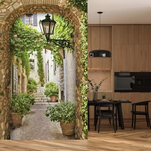 Fotobehang  Arch on the old street, fresco