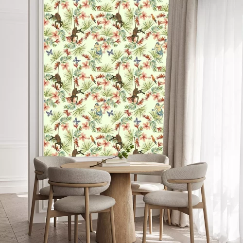 Behang Tropical seamless pattern with flowers, monkey and parrots. Vector floral patch for print