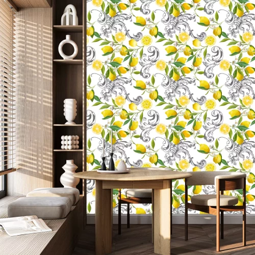 Behang Seamless Pattern with vintage barocco design with yellow Lemon Fruits, Floral Background with Flowers, Leaves, Lemons for Wallpaper, Fabric, Print. Vector illustration