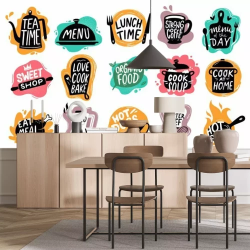 Fotobehang Food lettering. Bakery kitchen sweets, hot dogs badge and organic food logo vector set