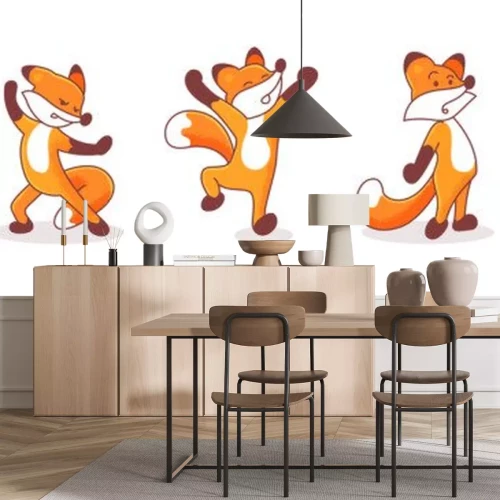 Sticker Set of five hand-drawn foxes. Illustrations with animals' emotions. Sticker pack isolated on white background. Animal with arms akimbo, Karate fox, inspired, surprised and calming someone characters.