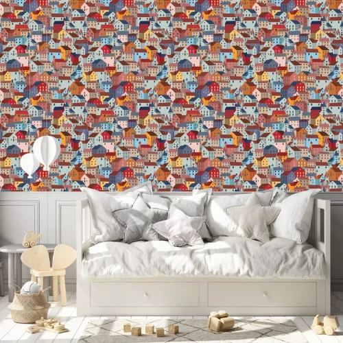 Behang Seamless pattern with colorful houses. City or town texture.