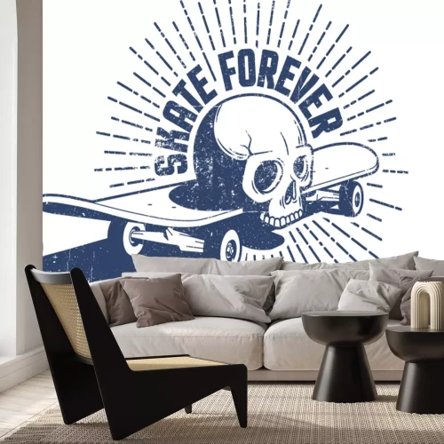 Sticker Skull and skateboard retro emblem. Skate forever vintage print. Grunge distressed texture on a separate layer.