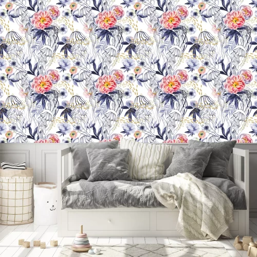 Behang Engelse rozen blauwe bladeren en kwallen