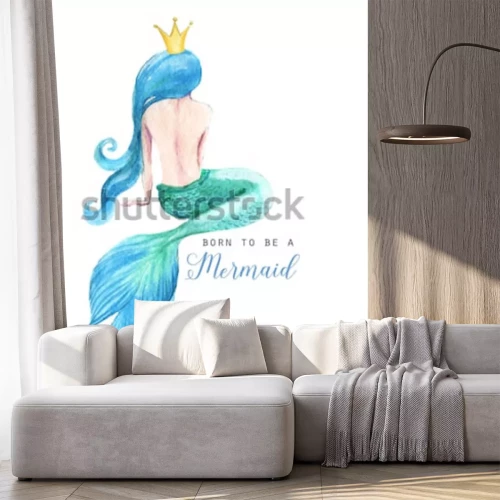 Sticker Blauwharige meermin die een illustratie van de kroonpastelkleur draagt