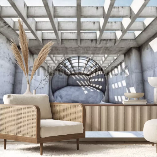 Fotobehang Betonnen tunnel met bollen in 3D