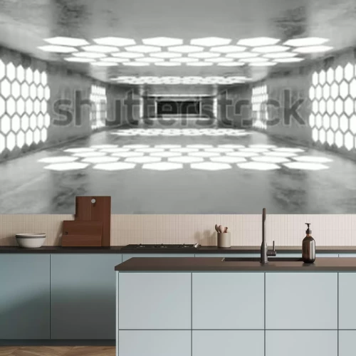 Fotobehang Futuristische betonnen tunnel met verlichting