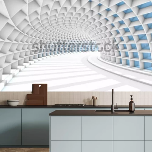 Fotobehang Abstracte 3D witte tunnel met blauwe rechthoeken.