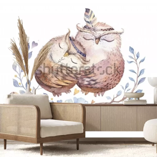 Sticker Tiere für Kinder Eulen in einer Umarmung Aquarell