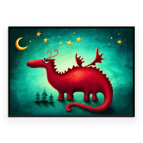 Poster Een sprookjesachtige illustratie met een rode draak.