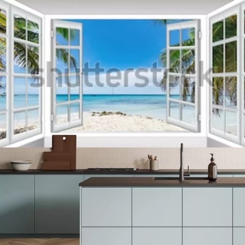 Fotobehang Uitzicht op zee en palmbomen vanaf het glazen terras