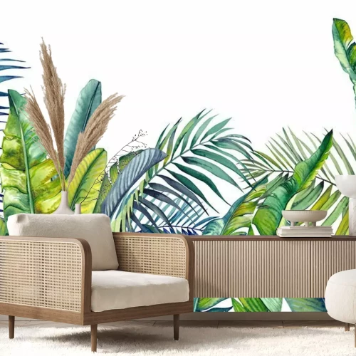 Fotobehang Tropische palm- en bananenbladeren op een witte achtergrond