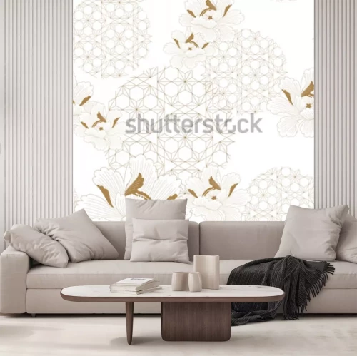 Sticker Chinesischer Muster nahtloser Vektor. Gold floral mit japanischem geometrischem Elementhintergrund für Gewebe, Packpapier, Hintergrund, Schablone, Deckblattdesign.