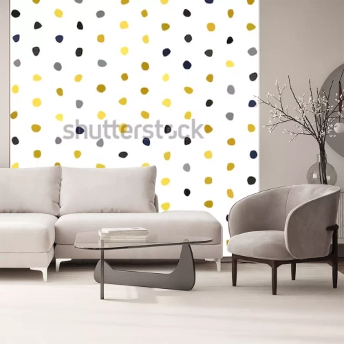 Sticker Nahtloses Muster des gelben grauen Marineblau-Senf-Tupfens auf weißem Hintergrund. Runde Polygonsteinbeschaffenheit. Abstrakter Vektor für Drucke, Gewebe, Verpackung, Stoff, Paket, Abdeckung, Grußkart