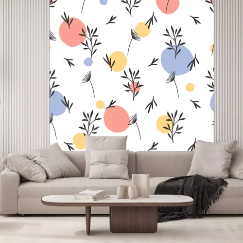 Sticker Naadloos bloempatroon. Vlak botanisch ornament met handgetekende natuurelementen & stippen. Eenvoudige herhalende textuur. Modern origineel textiel, inpakpapier, interieurontwerp. Vector veelkleur