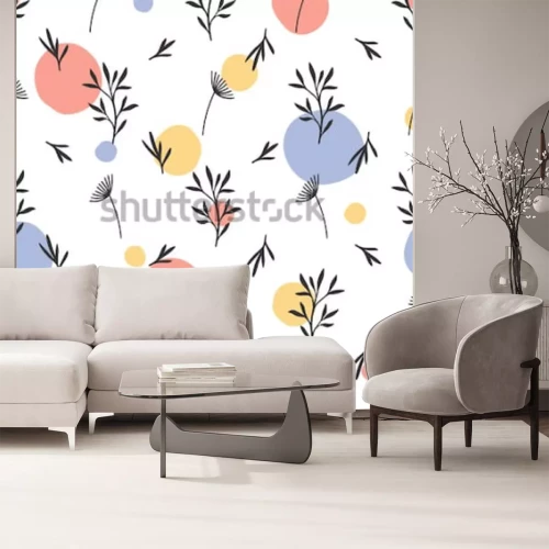 Sticker Naadloos bloempatroon. Vlak botanisch ornament met handgetekende natuurelementen & stippen. Eenvoudige herhalende textuur. Modern origineel textiel, inpakpapier, interieurontwerp. Vector veelkleur