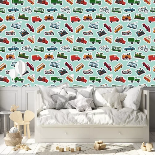 Behang Vector colored seamless pattern of retro engines and transport stickers. Vector repeat background of vintage trains bus, tram, trolleybus, car, bicycle, bike, van, truck. 