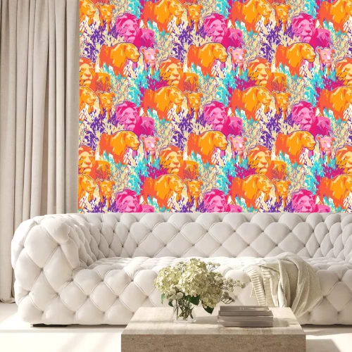 Behang Abstracte leeuwen in kleurrijk gras