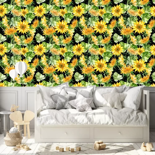 Behang Zonnebloemen op zwarte achtergrond