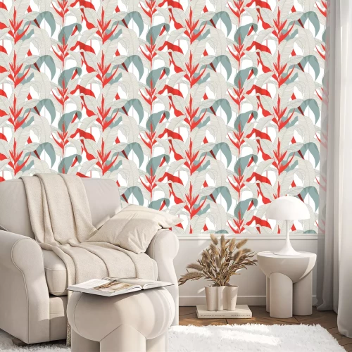 Behang Seamless floral pattern in vintage oriental style. Exotic leaves with red Heliconia flowers on a light background. Vector illustration