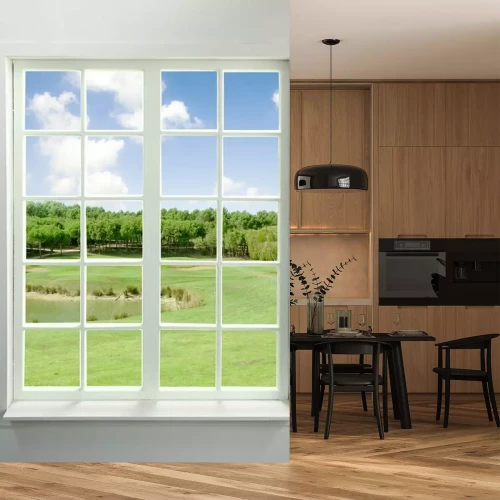 Fotobehang Uitzicht vanuit het raam op bomen en een vijver