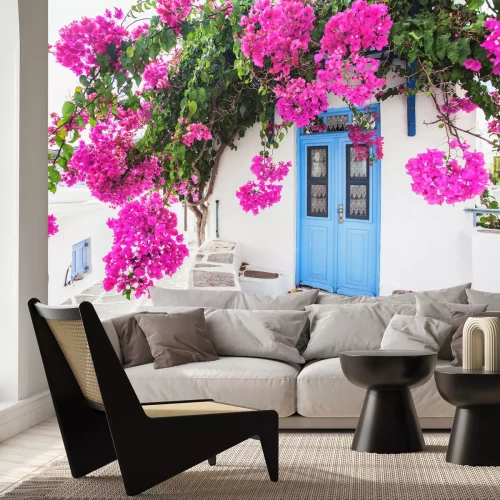 Fotobehang Traditioneel Grieks huis met bloemen op het eiland Paros, Griekenland