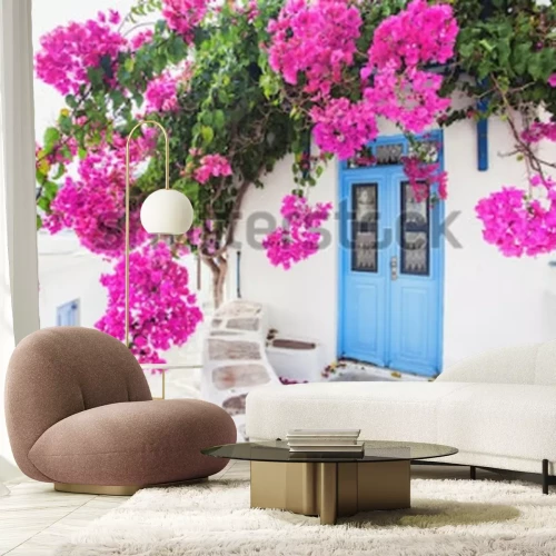 Fotobehang Traditioneel Grieks huis met bloemen op het eiland Paros, Griekenland