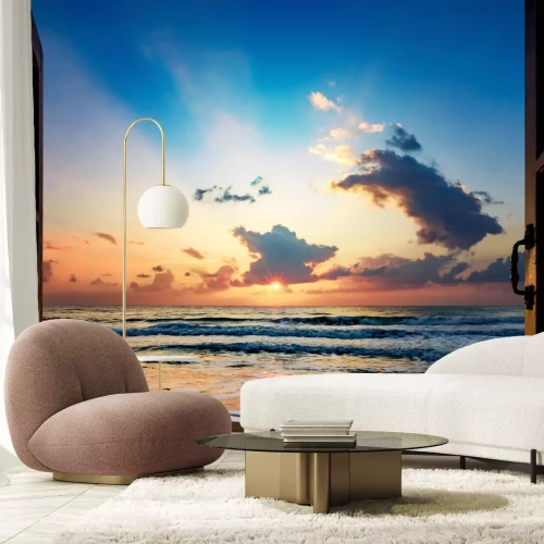 Fotobehang Zicht op de zonsopgang boven de zee vanuit het open raam