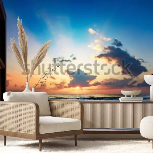 Fotobehang Zicht op de zonsopgang boven de zee vanuit het open raam