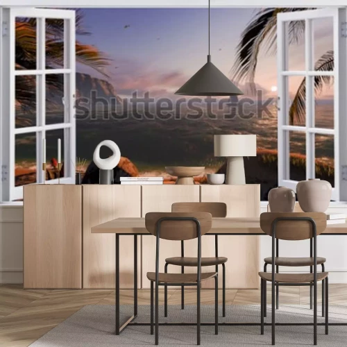 Fotobehang Open raam met uitzicht op zee