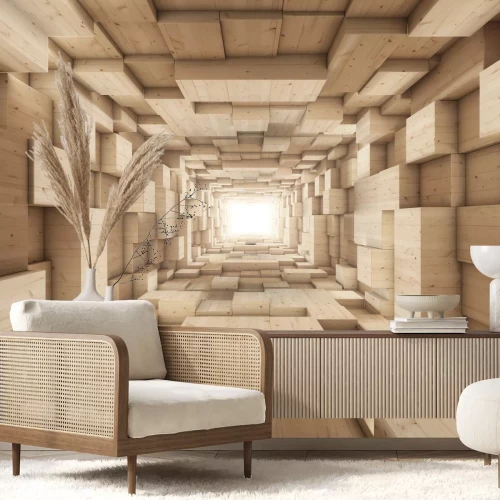 Fotobehang Houten gang met 3D-illusie