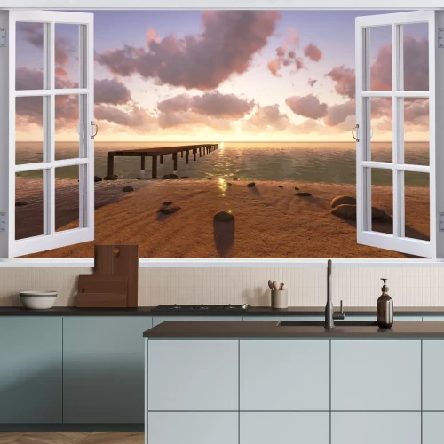 Fotobehang Het strand, het uitzicht vanuit het raam.