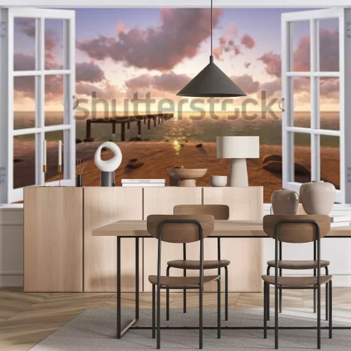 Fotobehang Het strand, het uitzicht vanuit het raam.