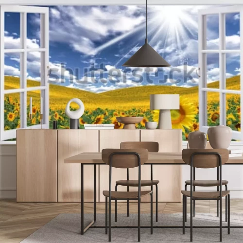 Fotobehang Uitzicht vanuit het raam op een veld met zonnebloemen